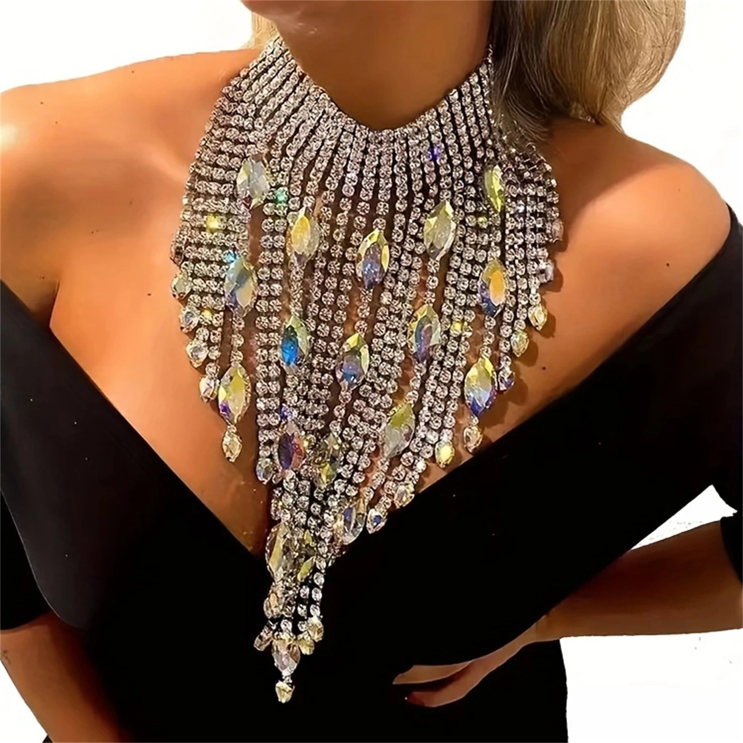 Exaggerate Drop Necklace Luxury Queen Accessories Rhinestone Tassel Jewelry  Large Women ﻿Applicable to Wedding Banquet Party