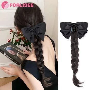FORLISEE-Peluca de cola de caballo con lazo sintético para mujer, Clip de garra, cola de caballo alta, pelo rizado Natural, nuevo estilo chino, cola de caballo trenzada