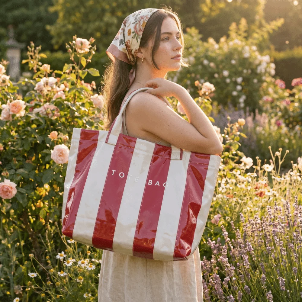 

Waterproof Striped Tote Bag Large-Capacity Color-Blocked Design PVC Handbag Fixed Shoulder Straps Inner Zipper Pocket