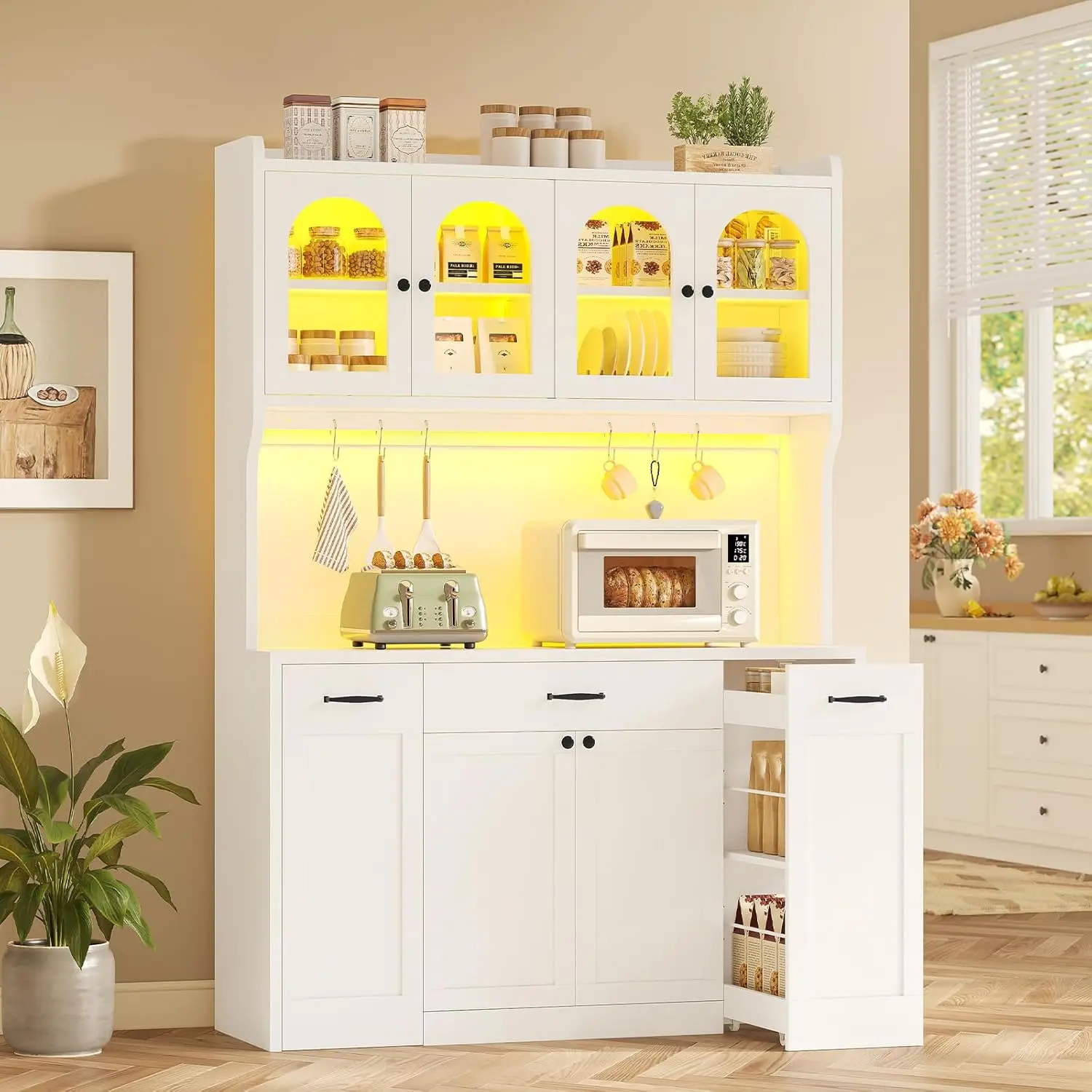 Высокий кухонный шкаф для кладовой 73,7 дюйма со шкивом, подставкой для микроволновой печи и винными полками, стеклянными дверцами, ящиками для хранения в гостиной (4 Doo