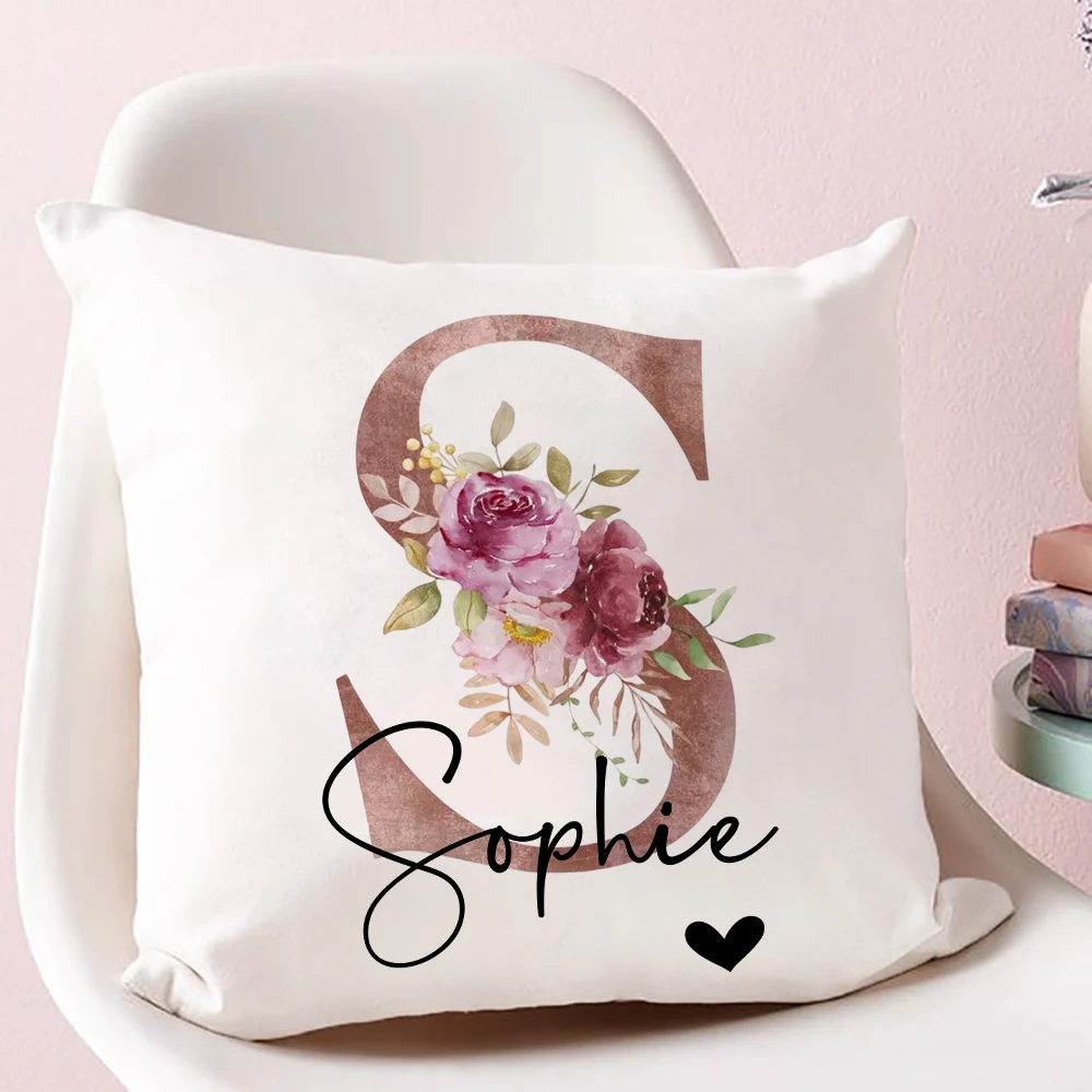 Personalized Pillowcase Custom Initial Flower with Name Cushion Cover Decortion Pillow Case Housewarming Birthday Wedding Gifts