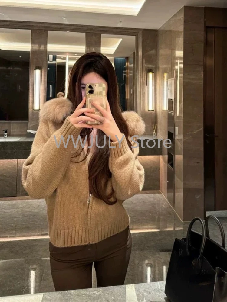 Autumn Winter Fur Hooded Knitted Sweater Woman Zipper Casual Long Sleeve Cardigan Outwear Fashion Warm Pullover New Chic