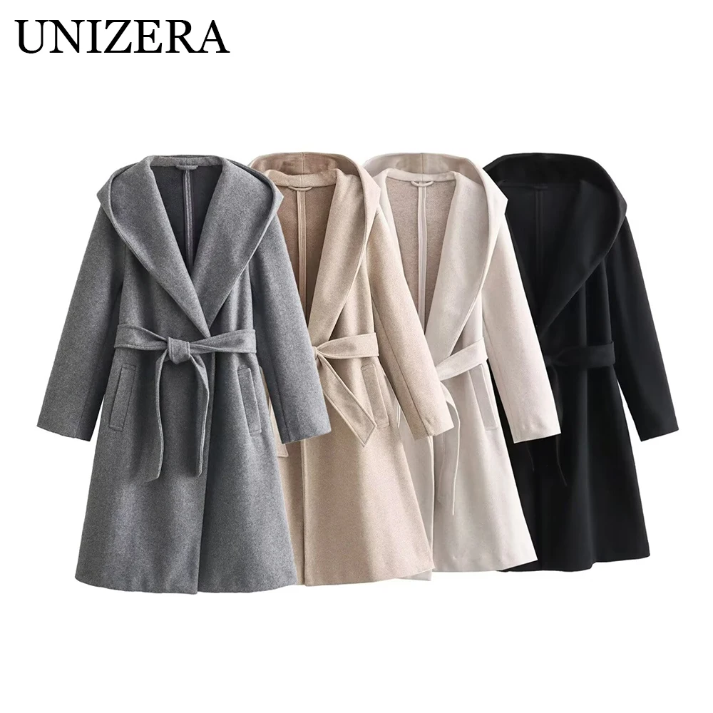 

New autumn and winter women's clothing commuting high-end sense with belt and hood soft casual windbreaker jacket