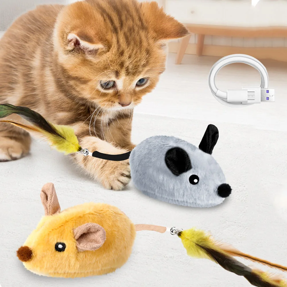 USB rechargeable automatic moving mouse, interactive plush cat toy with sound and LED lights with steering and obstacle