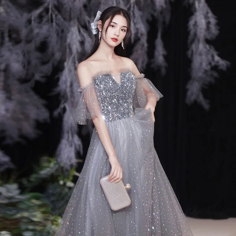 Grey Bridesmaid Evening Dress Women Off Shoulder Sequins Wedding Party Vestidos Fairy Temperament Sisters Group Gown Summer