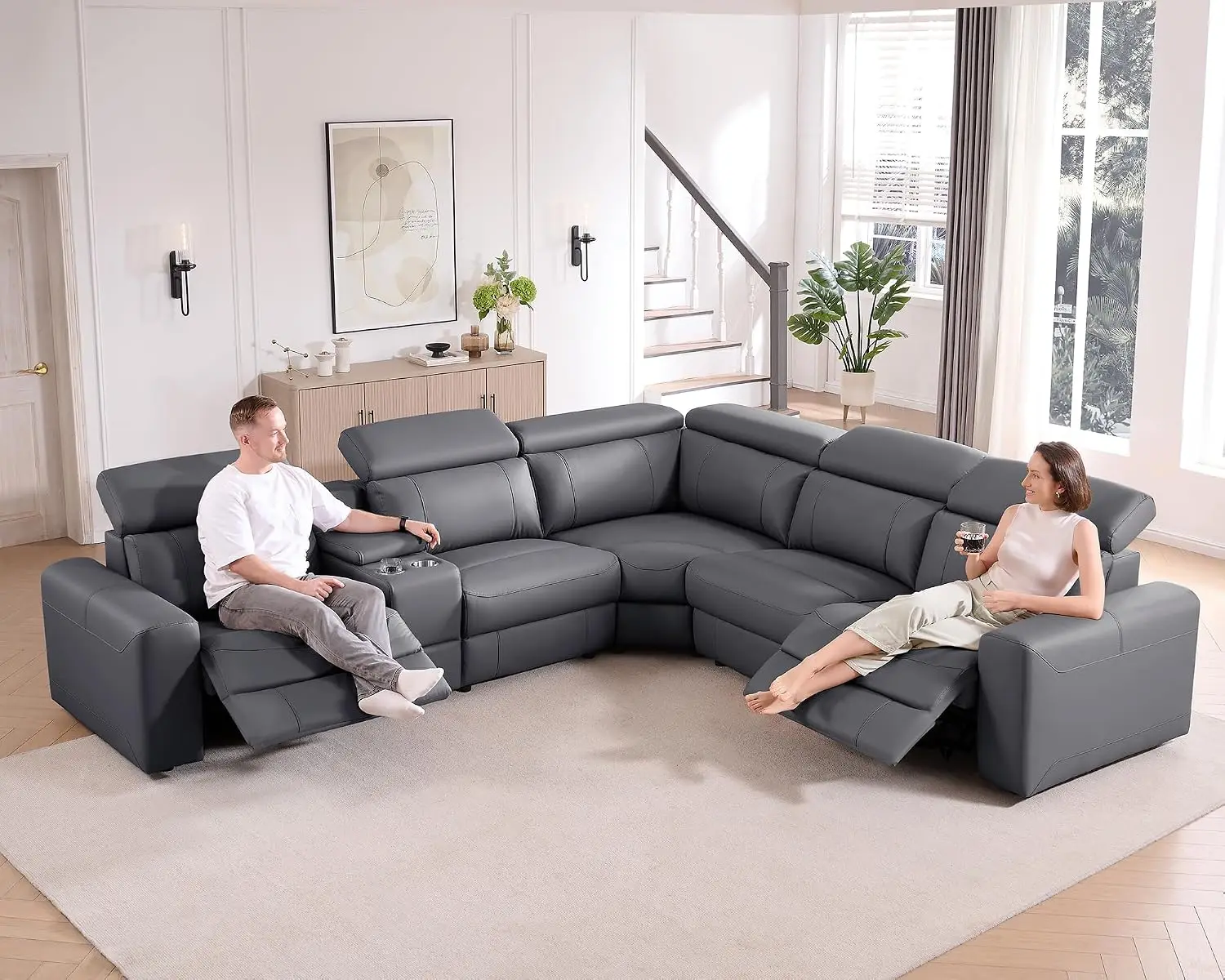 Power Reclining Sectional Sofa with Leather Upholstery, Customized