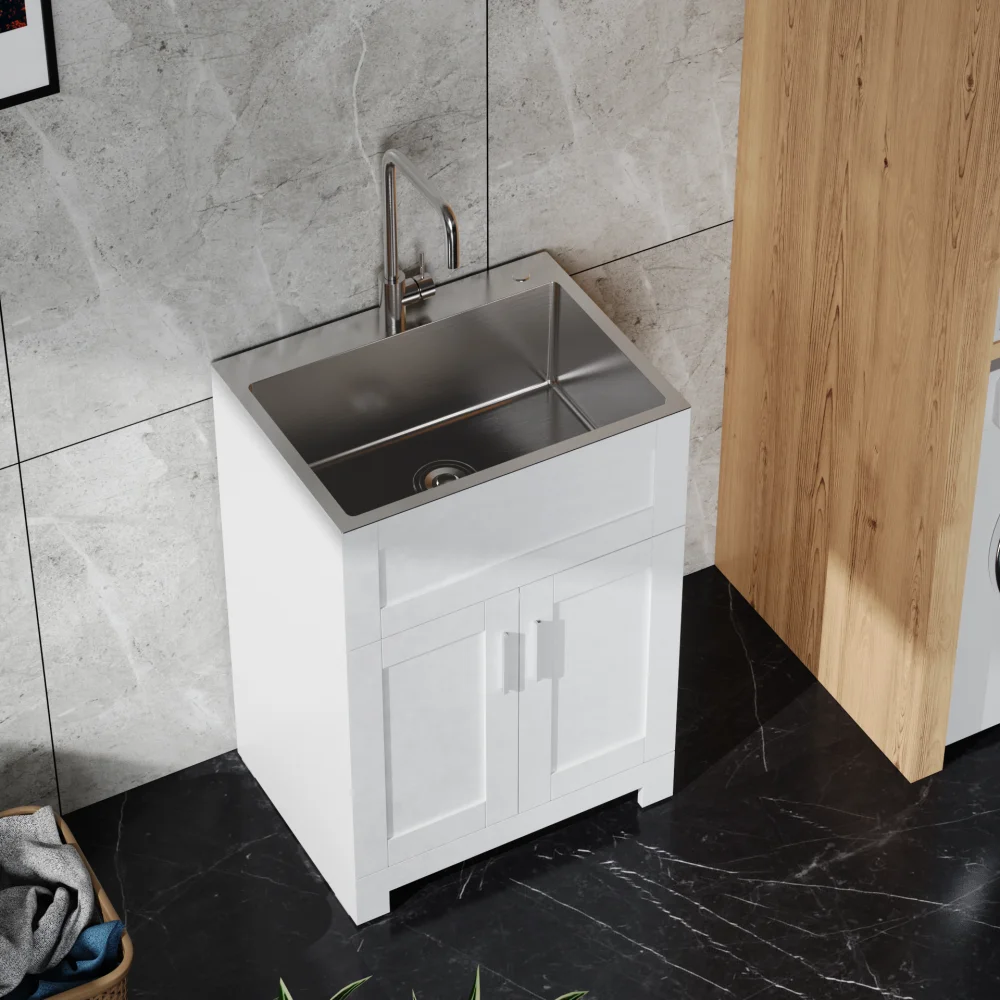 24in White Paint Free Laundry Tub Cabinet with Stainless Steel Sink and Faucet Combo Bathroom Furniture Cabinets