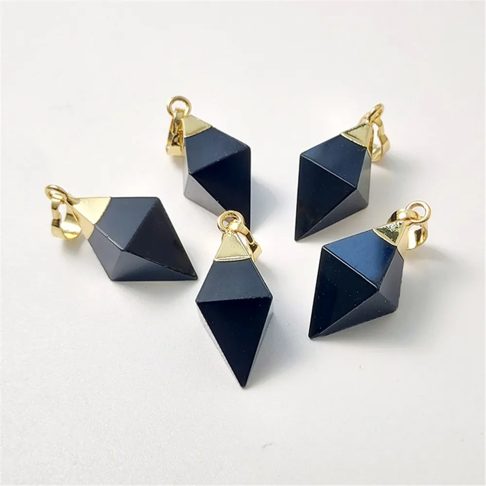 FUWO One Piece Natural Obsidian Pendant ,High Quality Golden Plated Rhombus Pyramid Accessories For Women Jewelry Make PD106O