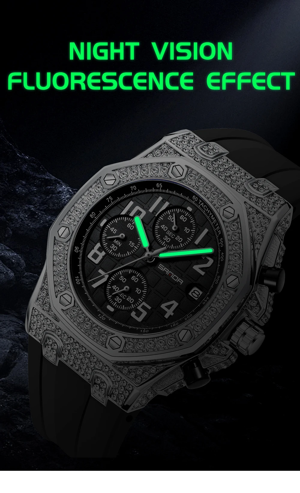 ساعة SANDA الجديدة 7026 كوارتز رجالية بثلاث عيون، ستة إبر، قرص تقويم مرصع بالألماس، مضيئة مقاومة للماء، ساعة رجالية