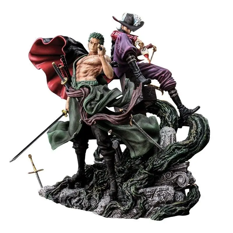 32CM Anime Figure One Piece Ronoa Zoro Master And Apprentice Sauron Mihawk  Luffy Pvc Action Collection Figure Model For Gift To