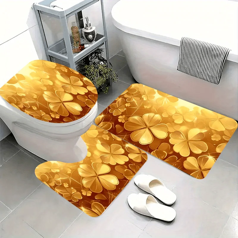 

3шт Золотой Лист Четыре Открытия Halo Lucky Flower Теплые Весенние Коврики Для Ванной Комнаты С Принтом | Высококачественная фланель, мягкая и удобная