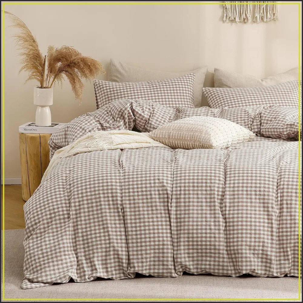 

Tan Gingham Duvet Cover Set 100% Washed Cotton Soft Linen Feel King Size 3 Piece