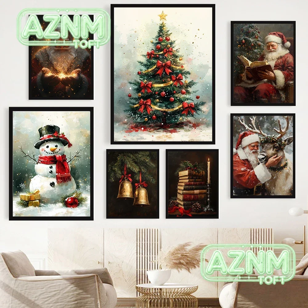 Vintage Winter Christmas Santa Xmas Tree Snowman Posters Prints Canvas Painting Wall Art Picture For Living Room Home Decorat