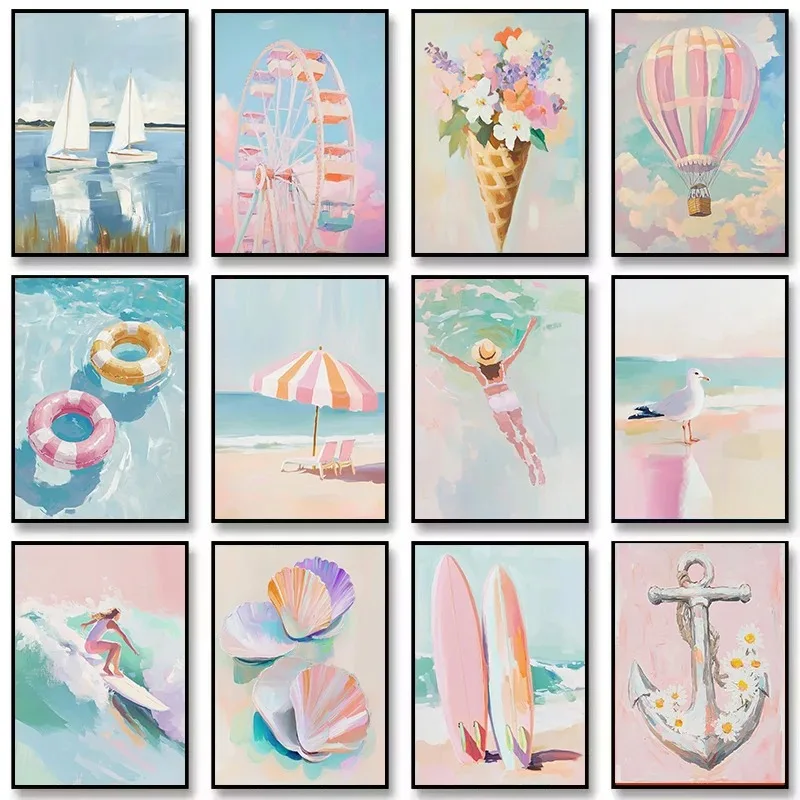 Trendy Summer Balloon Swimming Pool Surfboard Nautical Sailboat Seagull Poster Canvas Painting Wall Art Pictures Home Decor