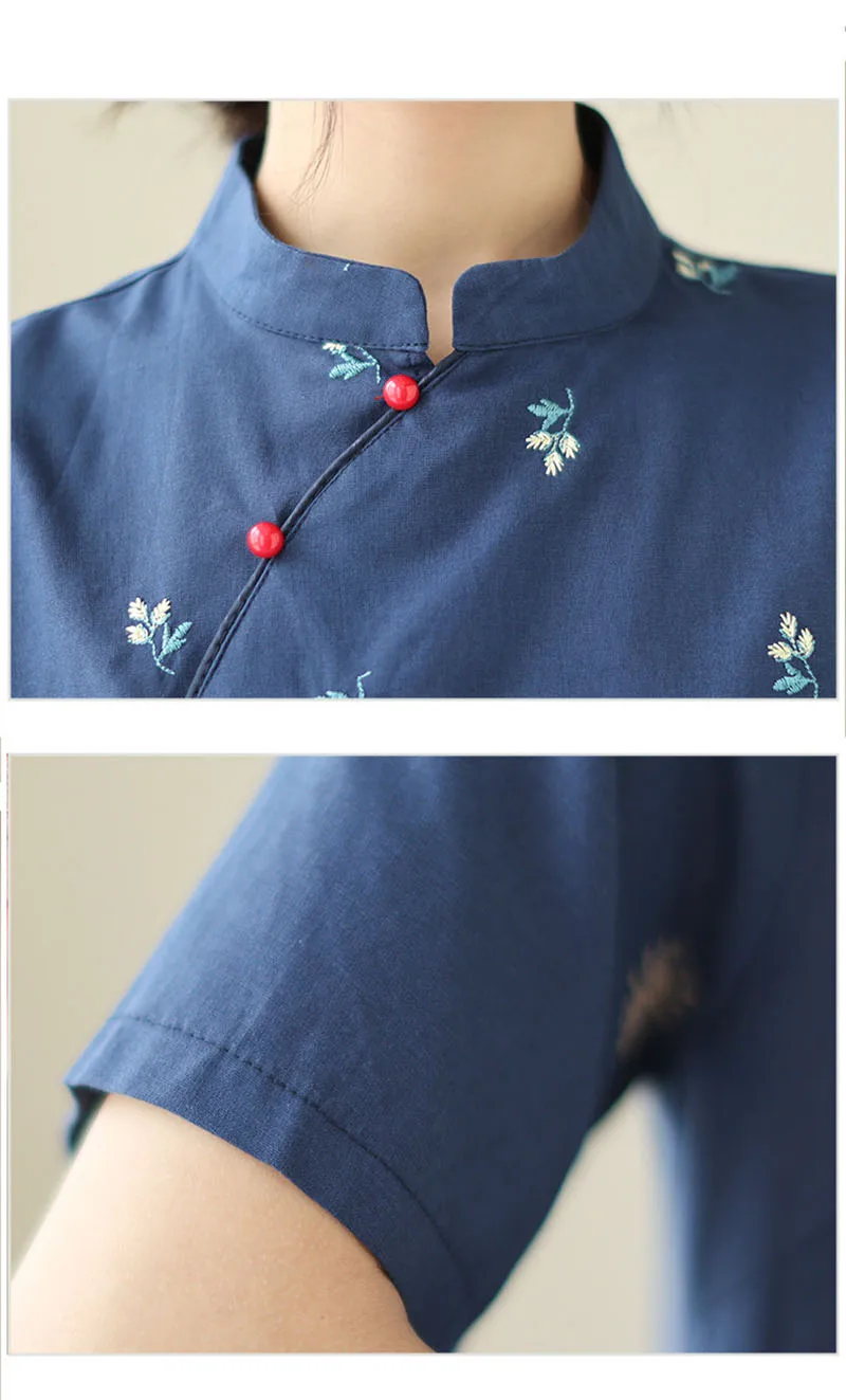 Navy Blue Cotton Chinese Cheongsam Dress Women Embroidery Vintage Summer A-Line Dress Mid Long Female Qipao M To XXL