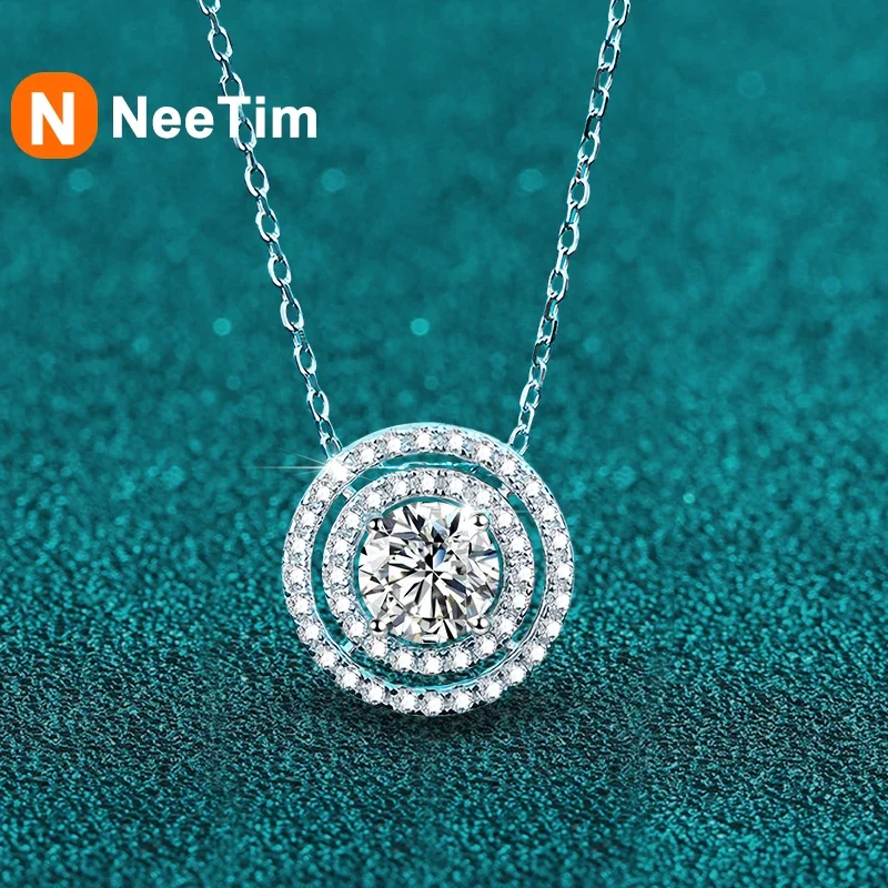 

NeeTim 0.5-2ct Moissanite Pendant Real 925 Sterling Silver Round Necklace For Women Ladies Lab Diamond Chain Necklaces Certified