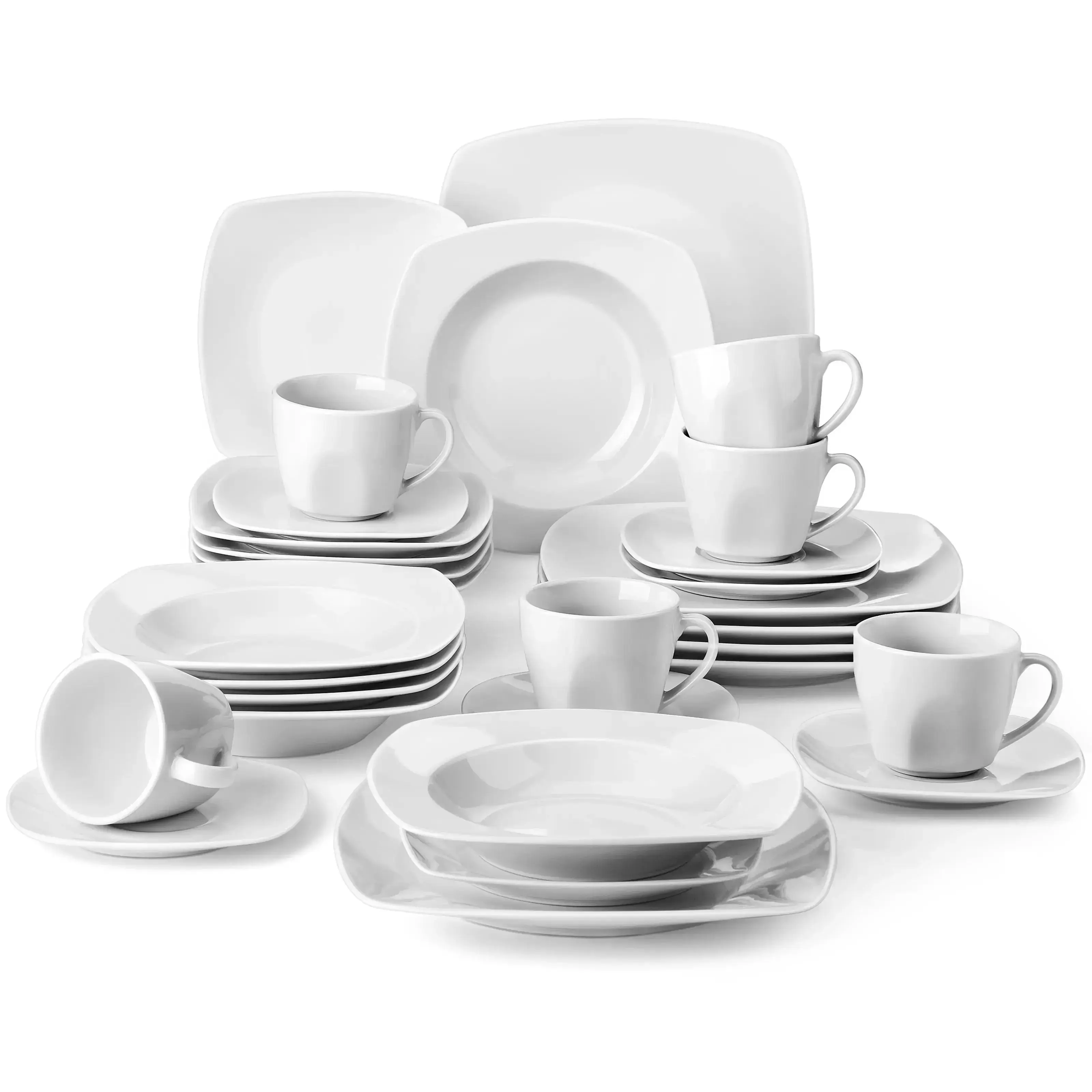 MALACASA 30-teiliges Abendgeschirr-Set aus Porzellan, Abendessen, Suppe, Dessertteller, Tassen und Untertassen-Set, Service für 6–12 Personen