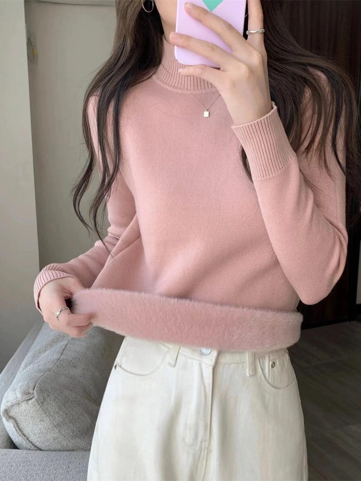 Thiened Fce Women's Knitted Sweater Autumn Winter f High Collar Hooded Warm Base Layer Inteated Fce Crew Ne Top