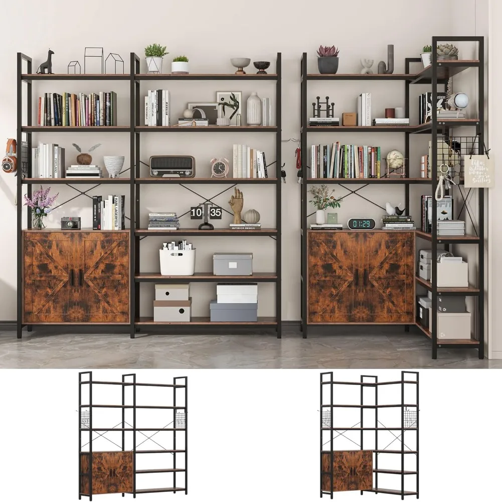 

Угловая книжная полка для фермерского дома с 6 шинами, 2 дверцами для сарая и 10 полками для хранения, книжный шкаф-трансформер высотой 71,3 дюйма