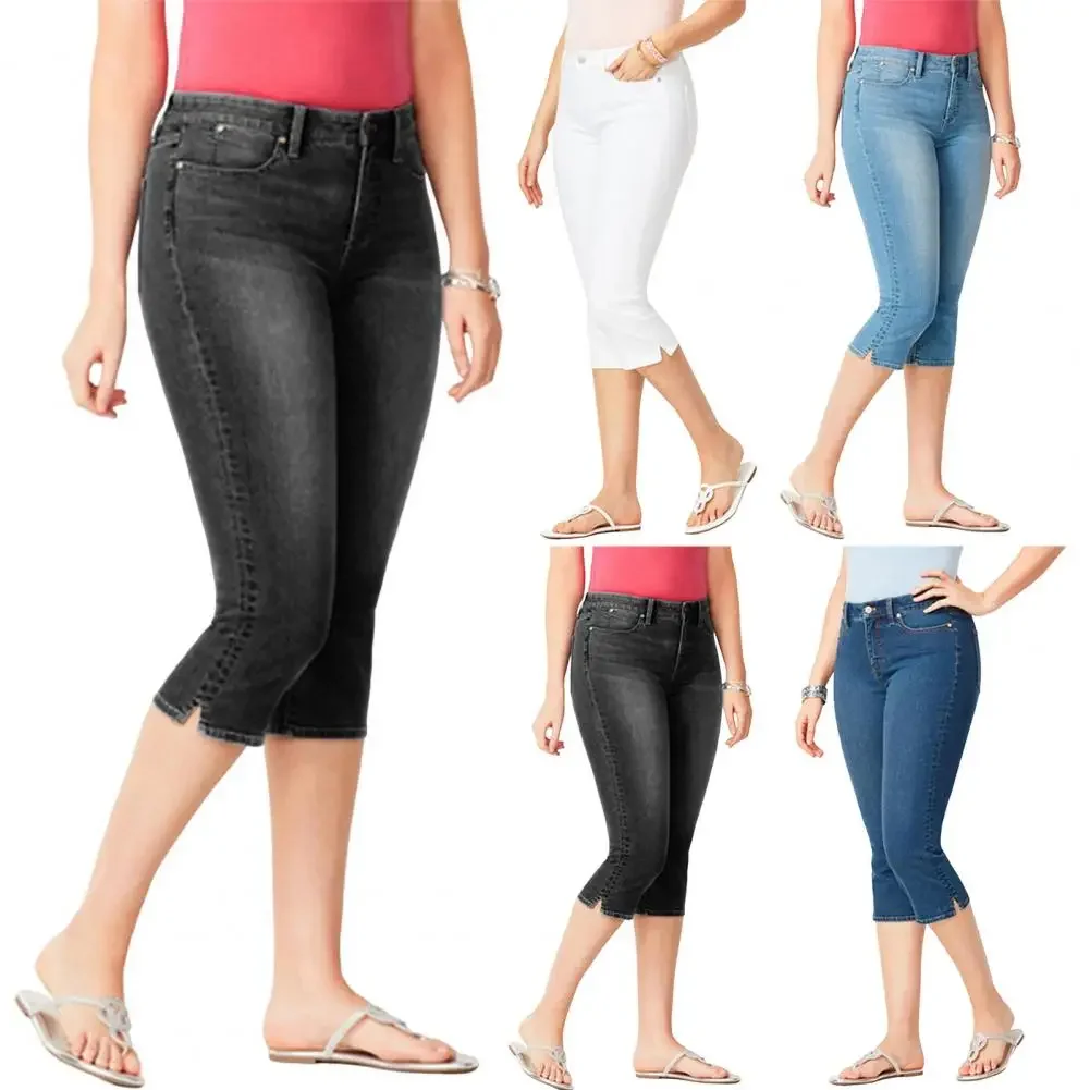 

Denim Cropped Pants Women Mid Waist Slim Gradient Color Button Zipper Pockets Split Mid-calf Breathable Denim Pants Jeans
