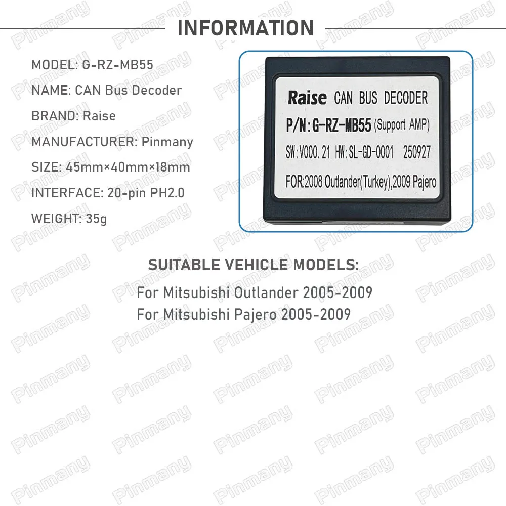 Pinmany Car Radio CAN Bus Decoder RAISE G-RZ-MB55 20-pin black box for 2005-2009 Mitsubishi Pajero Outlander