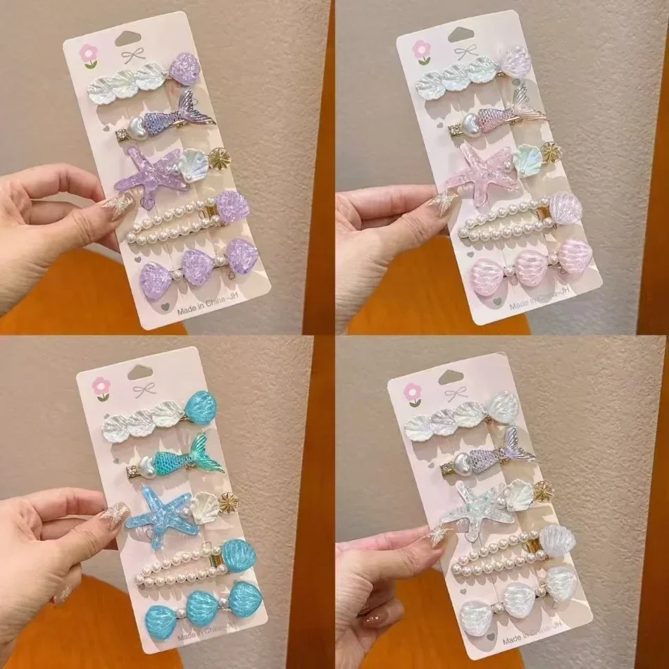 Cute Toddler Girls Ocean Theme Party Hairpin Princess Mermaid Starfish Shell Hairpin Children Clips Pearl Duck Beak Clip HP01