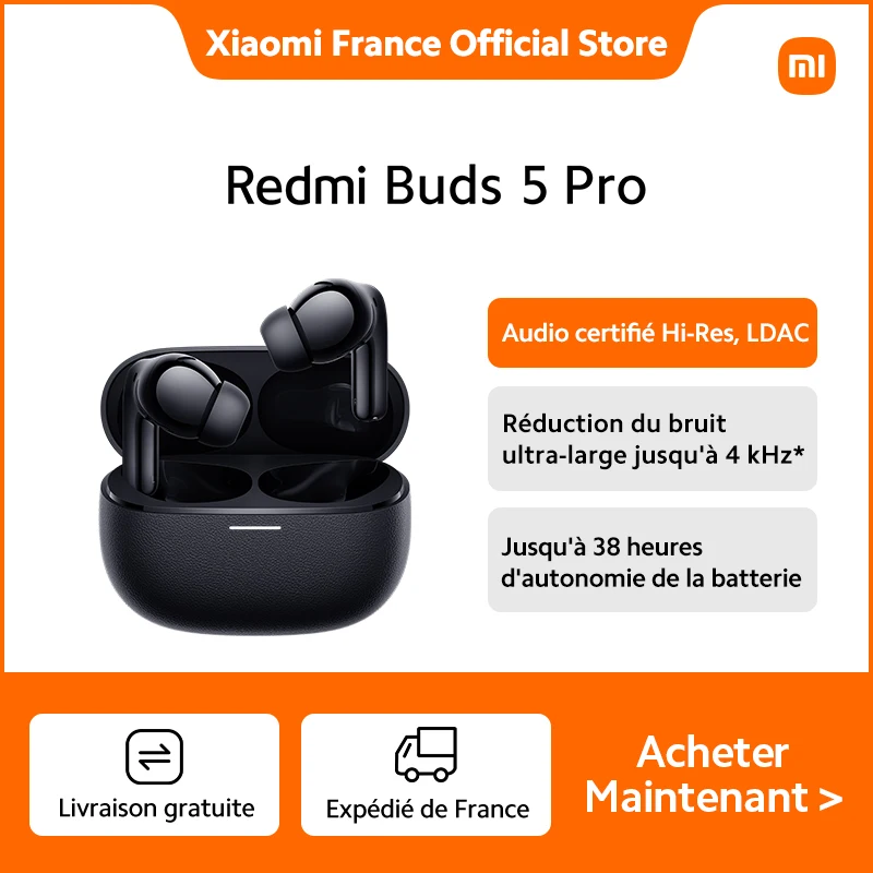 [Officiel] Redmi Buds 5 Pro | Jusqu'� 38 heures d'autonomie de la batterie avec l'�tui de charge, Audio certifi� Hi-Res  avec double pilote coaxial, LDAC