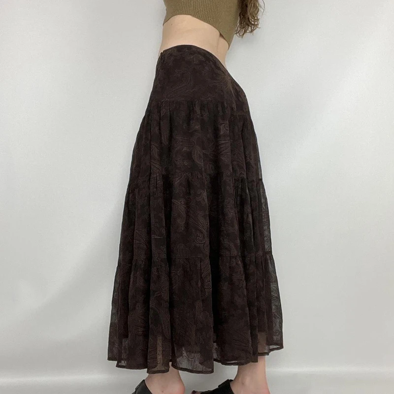 Skirt Women's Dark Brown Loose Casual Floral Jacquard Double-Layer Printed American Style A- lineDress Spring and Autumn Fashion