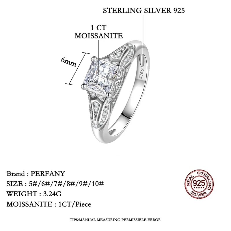 PERMANY 1-2CT Princess Square Cut Moissanite Ring for Women S925 Pure Silver Laboratory Diamond Wedding Fashion Jewelry ﻿