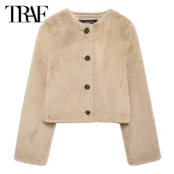 TRAF Women 2024 Fur Coat Women Women's Jacket Demi-Season Fluffy Cropped Long Sleeve O-Neck Outerwears Elegant Fashion Warm Coat