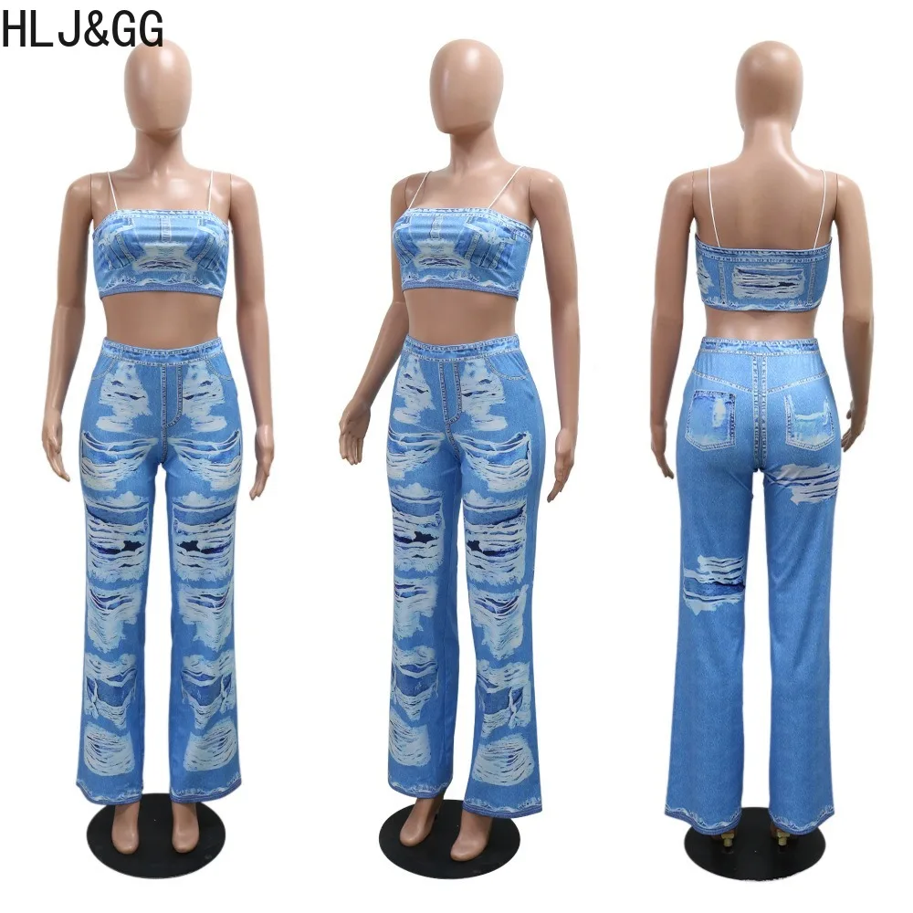 HLJ&GG Fashion Print Straight Pants Two Piece Sets Women Thin Strap Sleeveless Crop Vest+Pants Outfits Sexy Female 2pcs Clothing