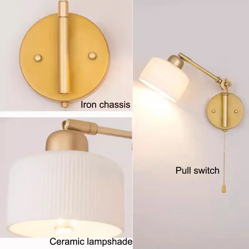 ​Modern Bedroom Bedside Wall Lamp Rotatable Rocker Arm Reading Lamp Cream Wind Pull Switch Living Wall Lamp Ceramic Wall Li