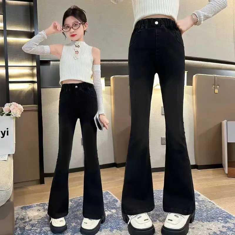 أطفال كلاسيكي خمر الأزرق متوهج الجينز للمراهقين فتاة موضة Bootcut الدنيم السراويل التوأم الطفل عادية التمهيد قطع الجينز بنطلون #3