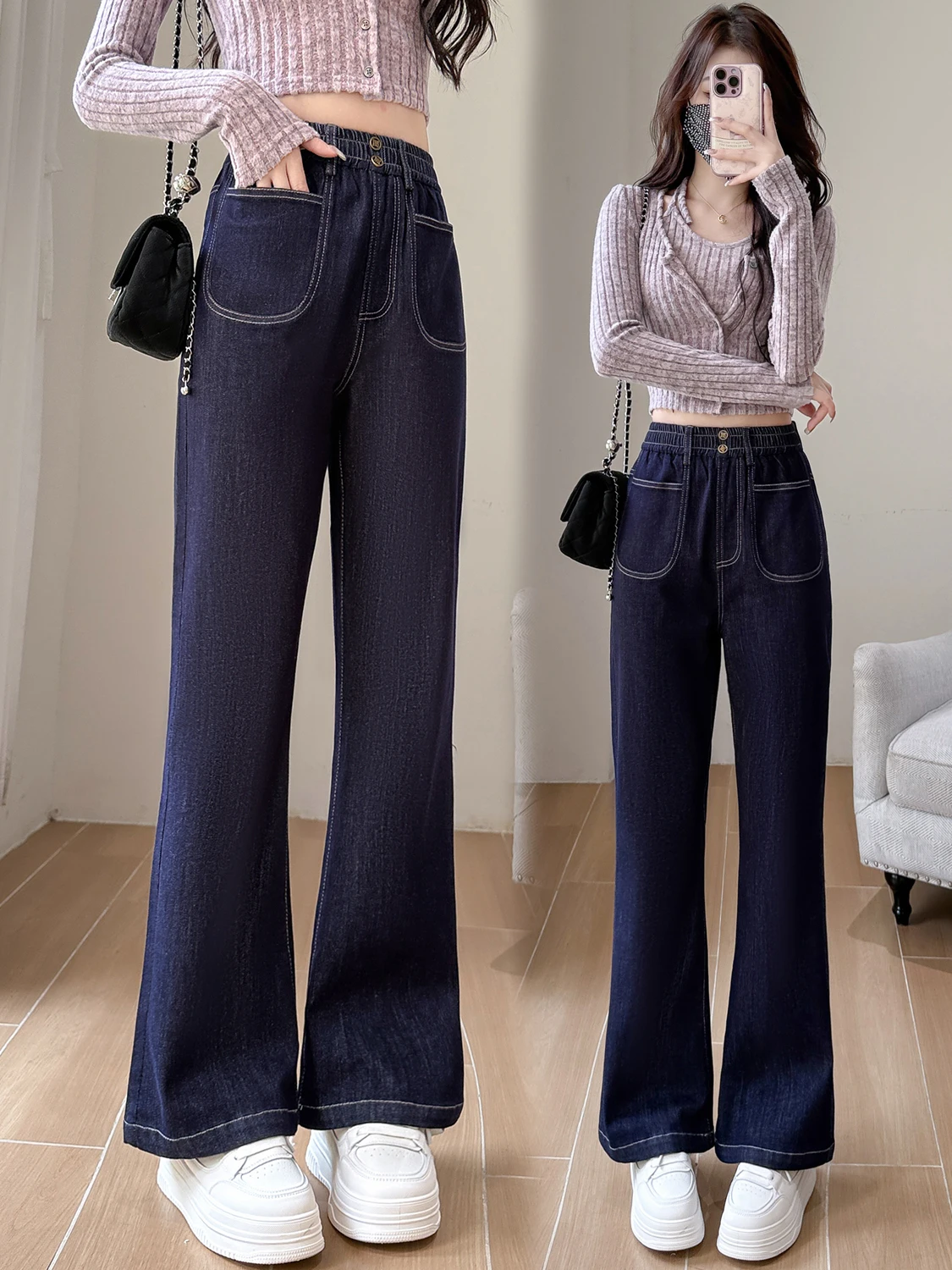 ارتفاع الخصر واسعة الساق جينز غير رسمي فضفاض صالح مطاطا الدنيم الطابق طول السراويل النسائية الخريف Faion حجم كبير بناطيل كاجوال