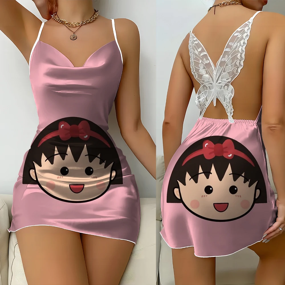 

Chibi Maruko-chan print butterfly lace backless slim sexy girls small fresh short skirt satin home clothes breathable