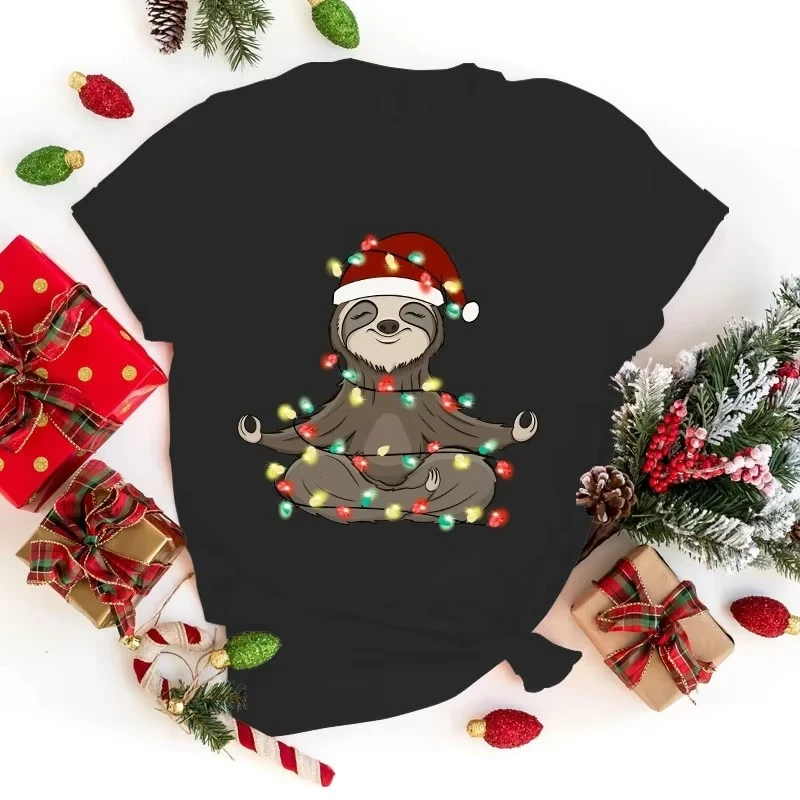 Christmas Sloth Print Women Tee Short Sleeve Funny Round Neck Soft and Comfortable Fabric Casual Summer Women Simple Stylish Tee