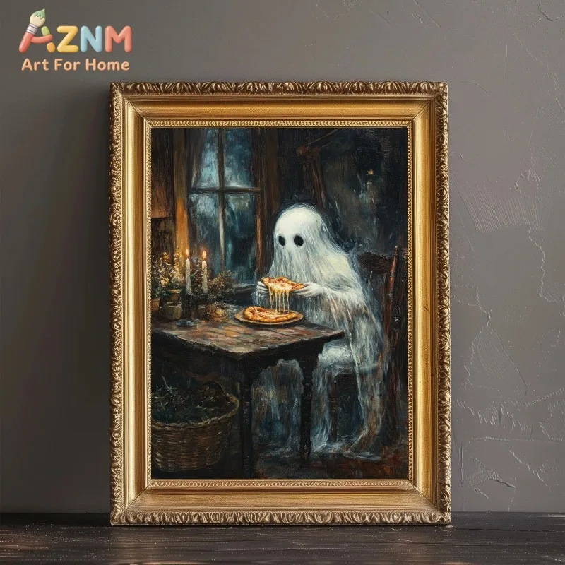 Ghost Eating Pizza Rustic Dim Room Candle Window Halloween Canvas Poster Prints Frameless Wall Art Quirky Moody Decorations