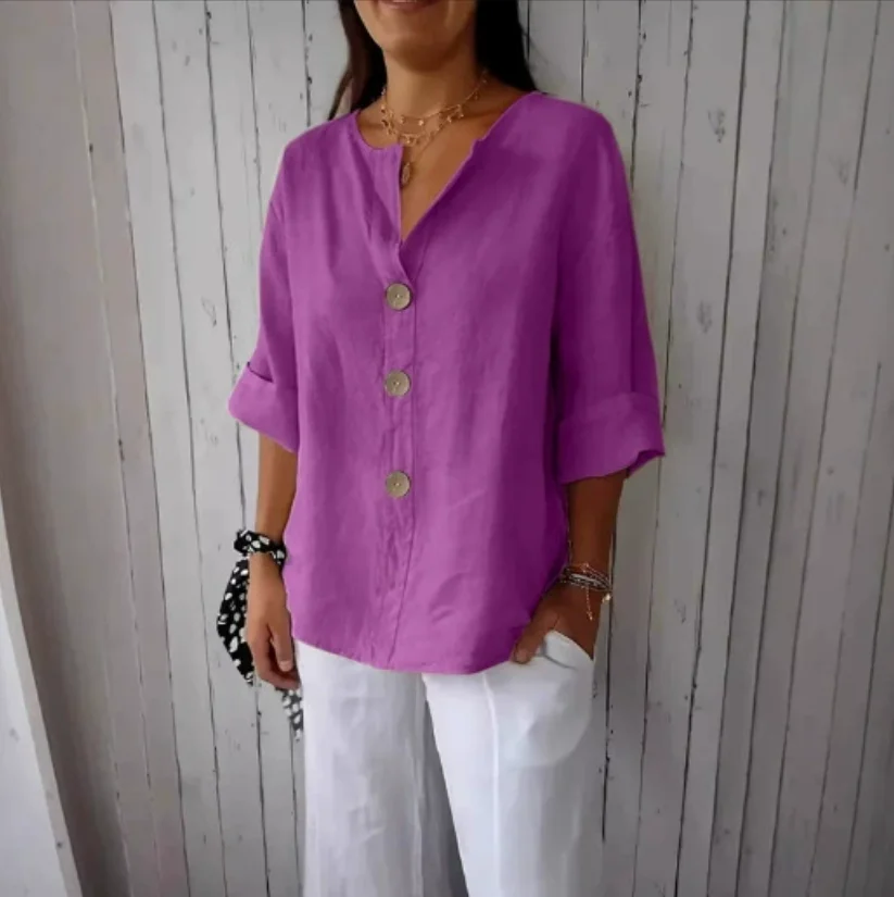 Plus Size Loose Shirt&Blouses Women's V-Neck Cotton Linen Button Top Casual Shirts Solid Elegant Office Womens Clothing Shirt view 4