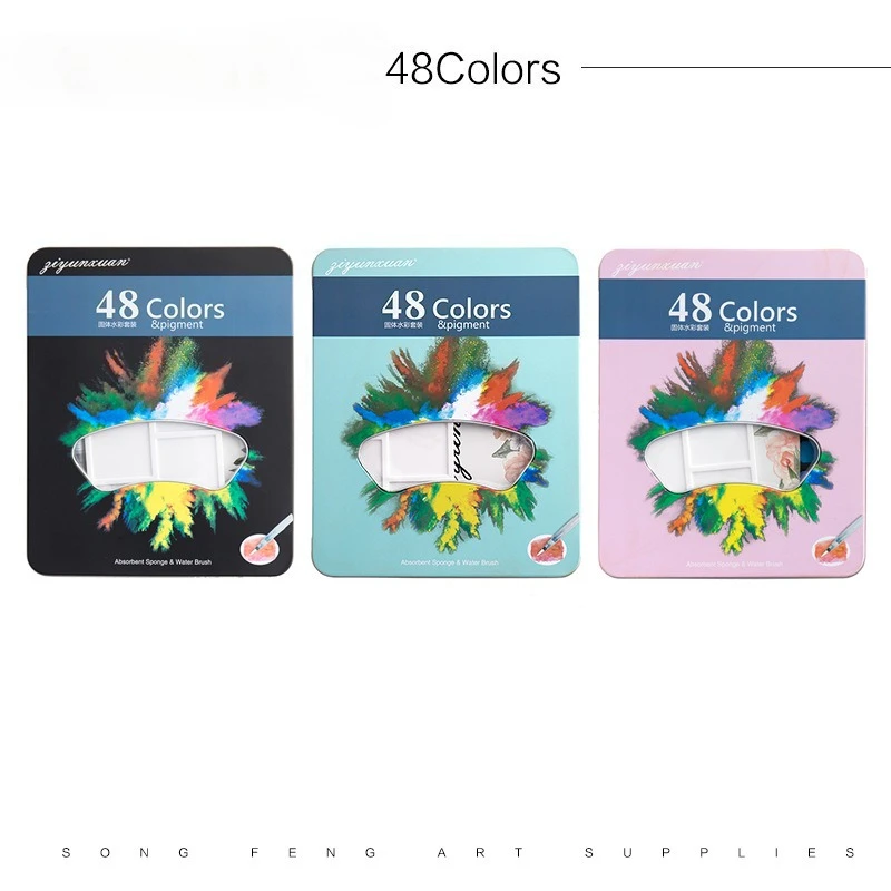 48 Colors Solid Watercolor Pigment Set Portable Iron Case Painting Brushes Art Supplies Kit for Beginner Students Hand Painting