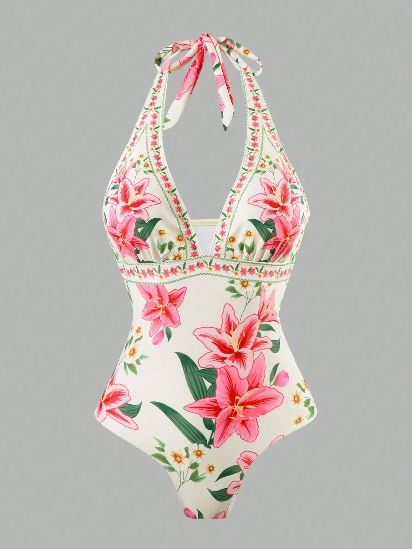 

Halter Neck Floral One Piece Swimsuit With Skirt For Women Summer Beach Resort Swimwear