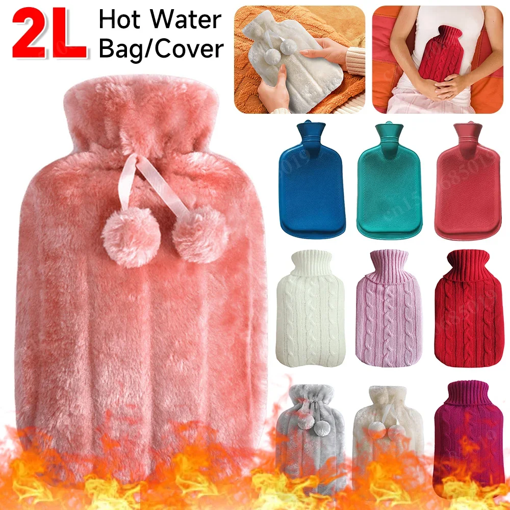 Large Natural Rubber 2L Hot Water Bottle Bag Warm Faux Fur Fleece Knitted Cover for Female Warm Belly Hands For Ski Climing