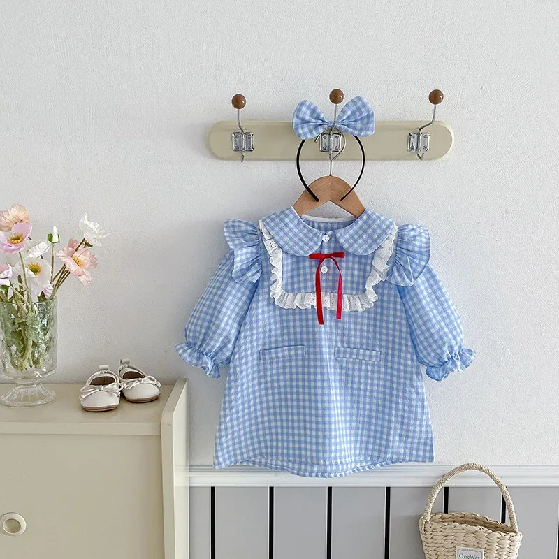 Girls' Autumn College Style Plaid Long Sleeved Dress with Sweet Theme Dressing