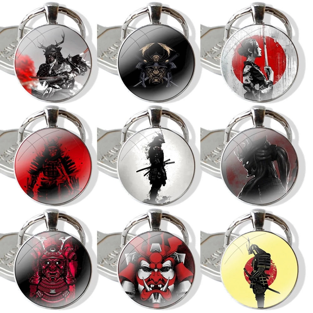 Glass Metal Pendant Key Chain Classic Men Women Key Ring Accessories Jewelry Gifts Japanese samurai oni mask Custom