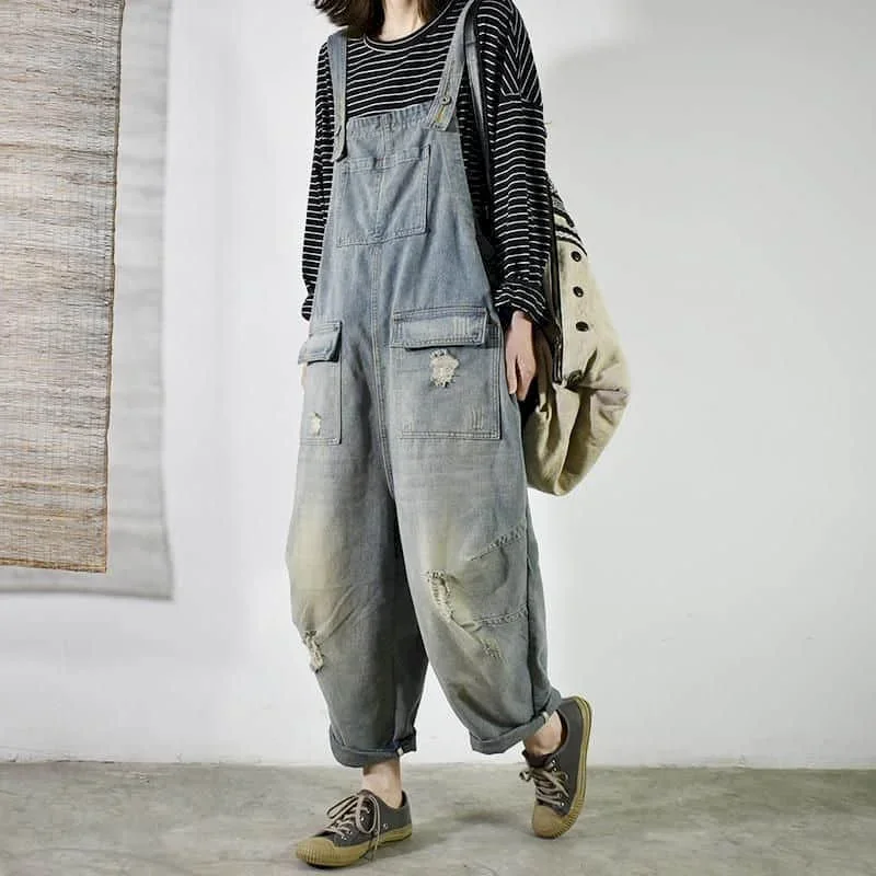 Поп-комбинезоны для женщин, винтажные комбинезоны в корейском стиле, повседневные брюки через плечо, свободные брюки, комбинезоны большого размера для женской одежды