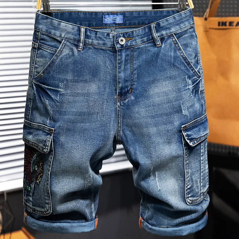 

Loose Fit Men's Workwear Cargo Pants Denim ort orts Embroidered plus Size Trendy Brand Five-Quarter Length Straight Leg J...