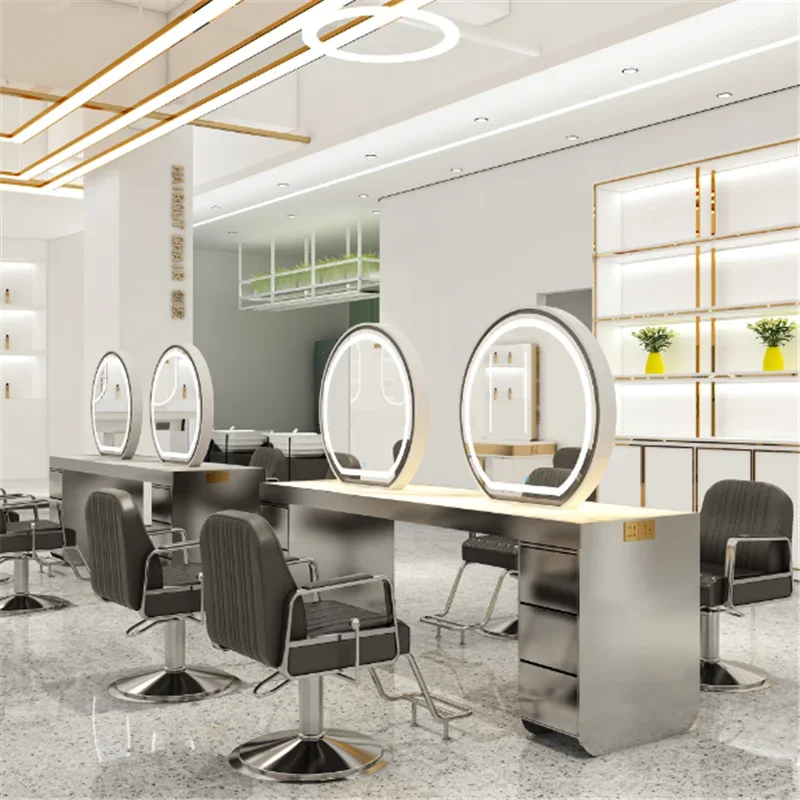 New Style Net Celebrity Hair Salon Luminous Marble Desktop Integrated Hairdressing Mirror Table With Lamp