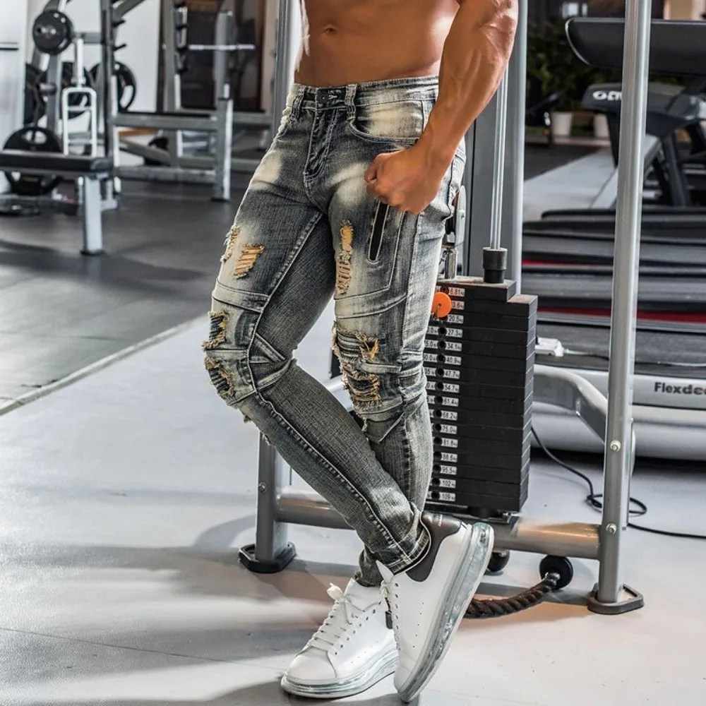 Locomotive Handsome Jeans Men Slim Breathable Invisible Open Crotch Outdoor Sex Gym Casual Denim Ripped Splicing Elastic Vintage