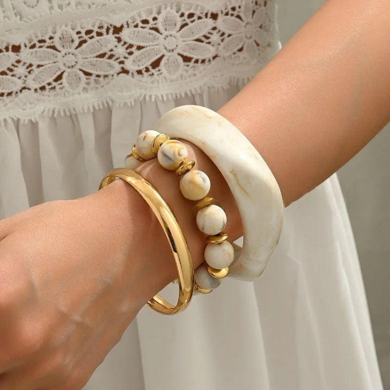 DIEZI One Set Exaggerated Resin Wide Bangles Bracelet Sets Vintage Fashion Beads Strand Bracelet For Women Men Gift Jewelry