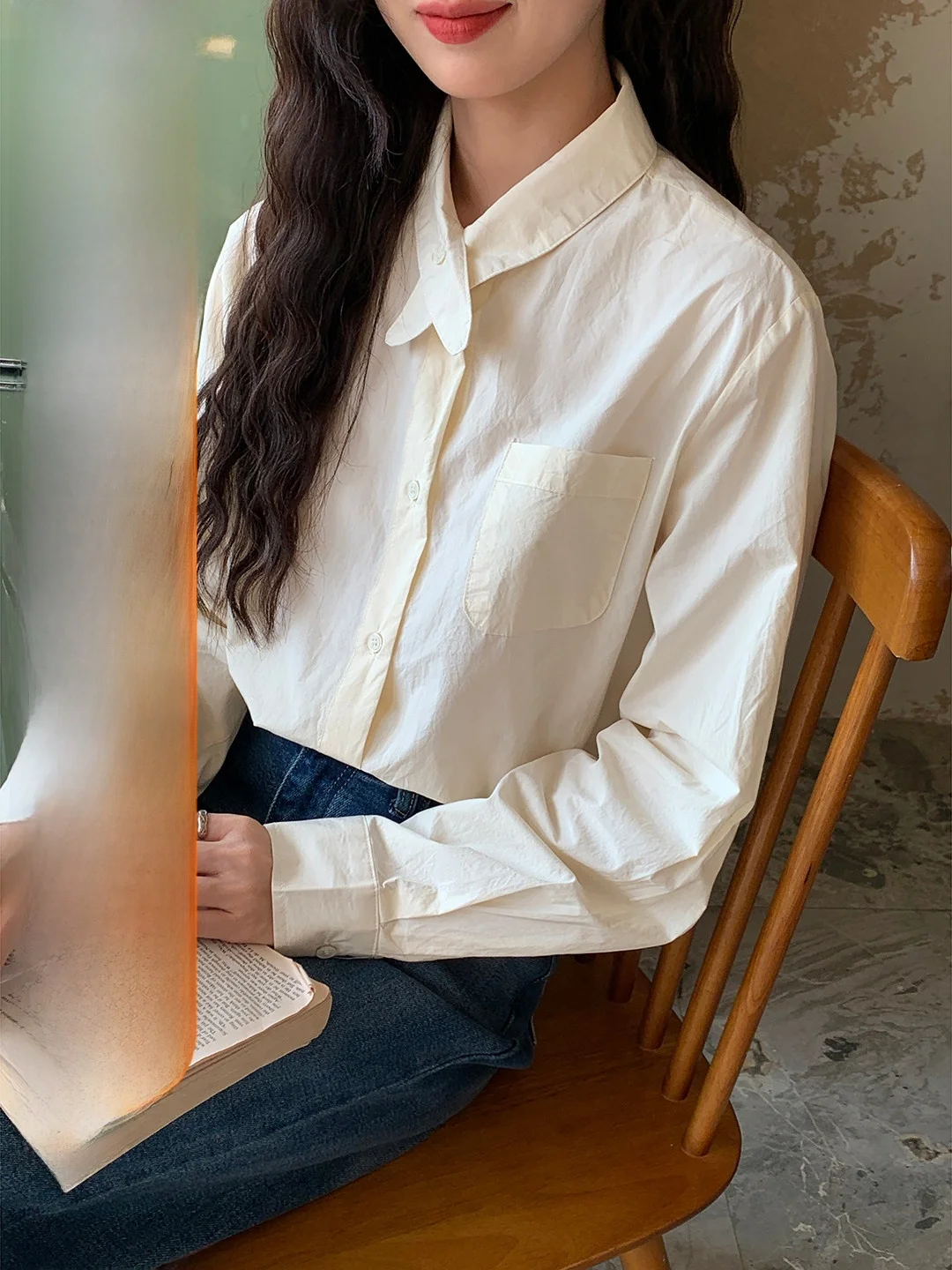 

Long Sleeve Shirt Layering Versatile Loose Fit Slimming College Style Casual Wear Cotton Pure Color Vintage Collar Button up