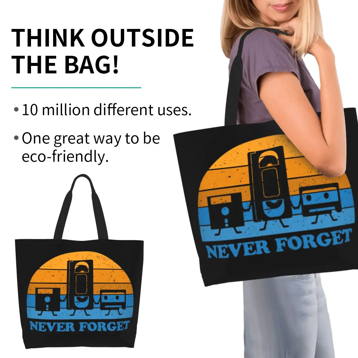 Never Forget Floppy Disk Cassette VHS Tape Shopping Tote Bag Canvas Large Capacity Shoulder Bags Shopper Grocery Handbag